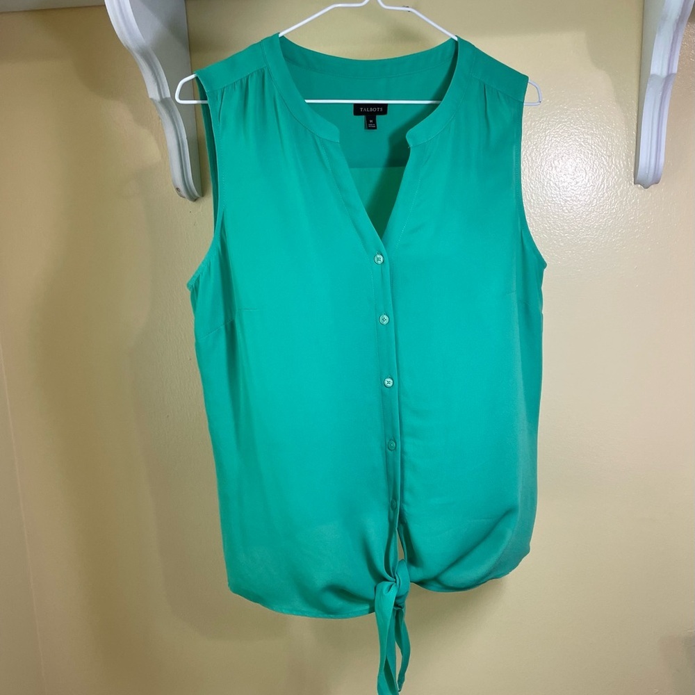 Talbots Green Sleeveless Blouse with Mandarin Collar and Tie Front